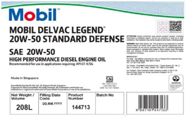 Nhãn hiệu phuy dầu 208L Mobil Delvac Legend 20W50 Standard Defense