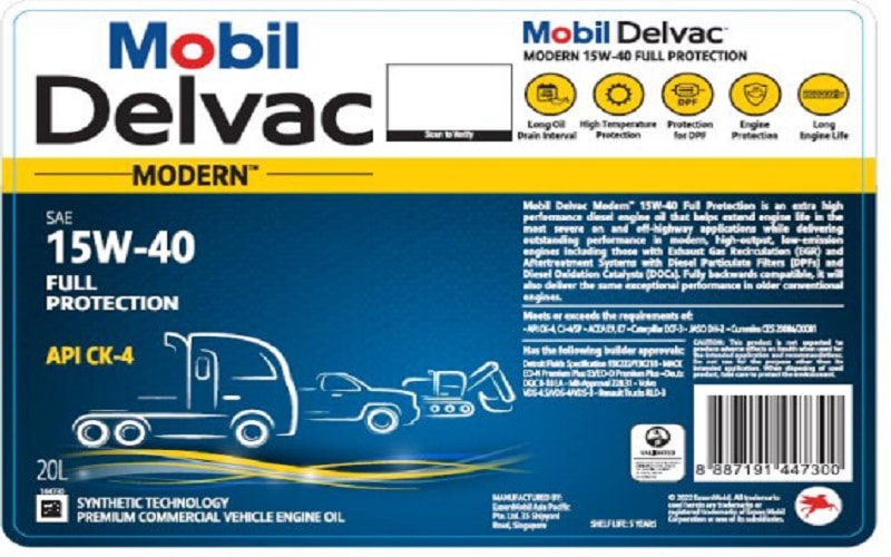 Nhãn xô 20L dầu Mobil Delvac Modern 15W40 Full Protection