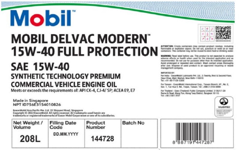 Nhãn phuy 208L dầu Mobil Delvac Modern 15W40 Full Protection