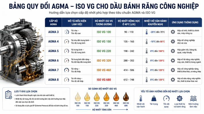 Bảng quy đổi AGMA và ISO VG cho dầu bánh răng công nghiệp